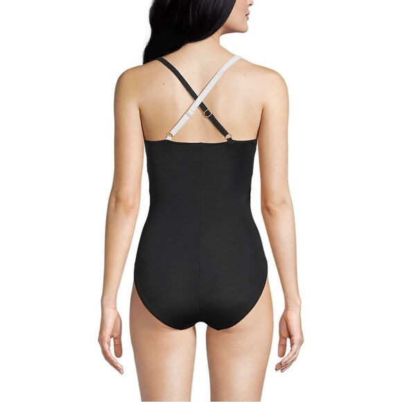 Land's End slender 1 piece swimsuit pleated X back soft swimsuit black white Var - Picture 4 of 10